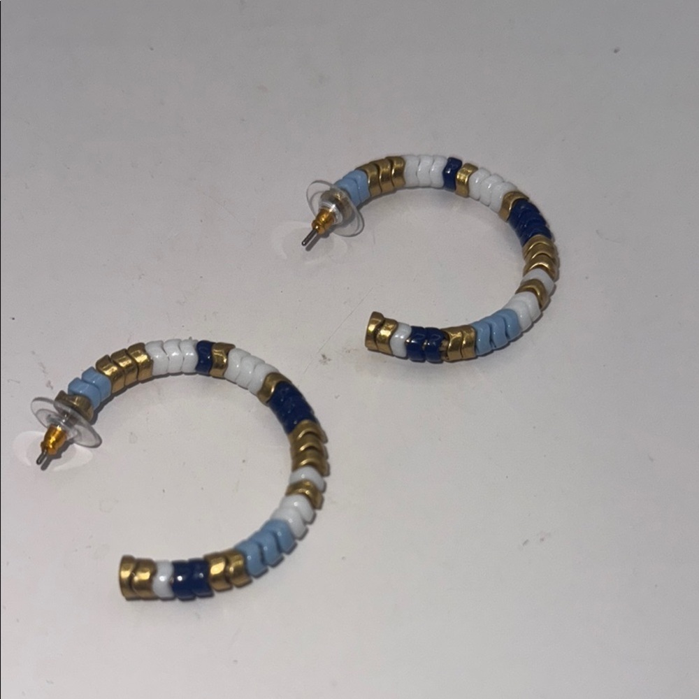 Gold and Blue Beaded Hoop Earrings